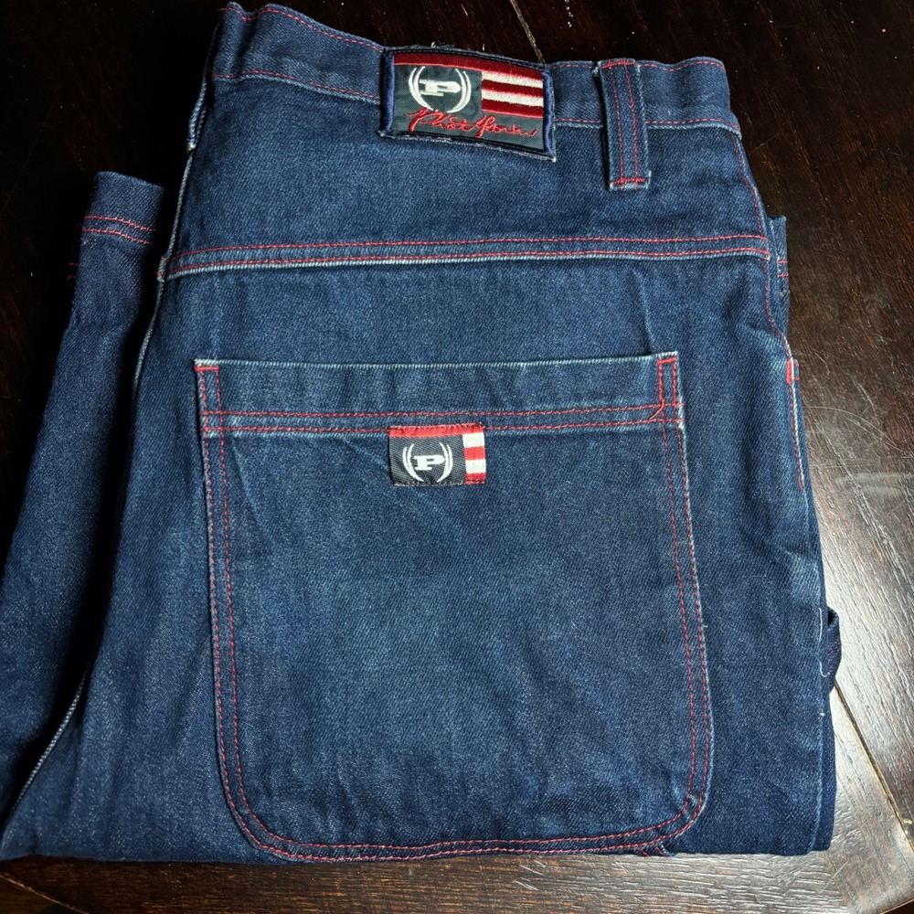 Y2K 00s Phat Farm Red Stitching Blue Denim Carpenter‎ Cargo Shorts Logo Size 42